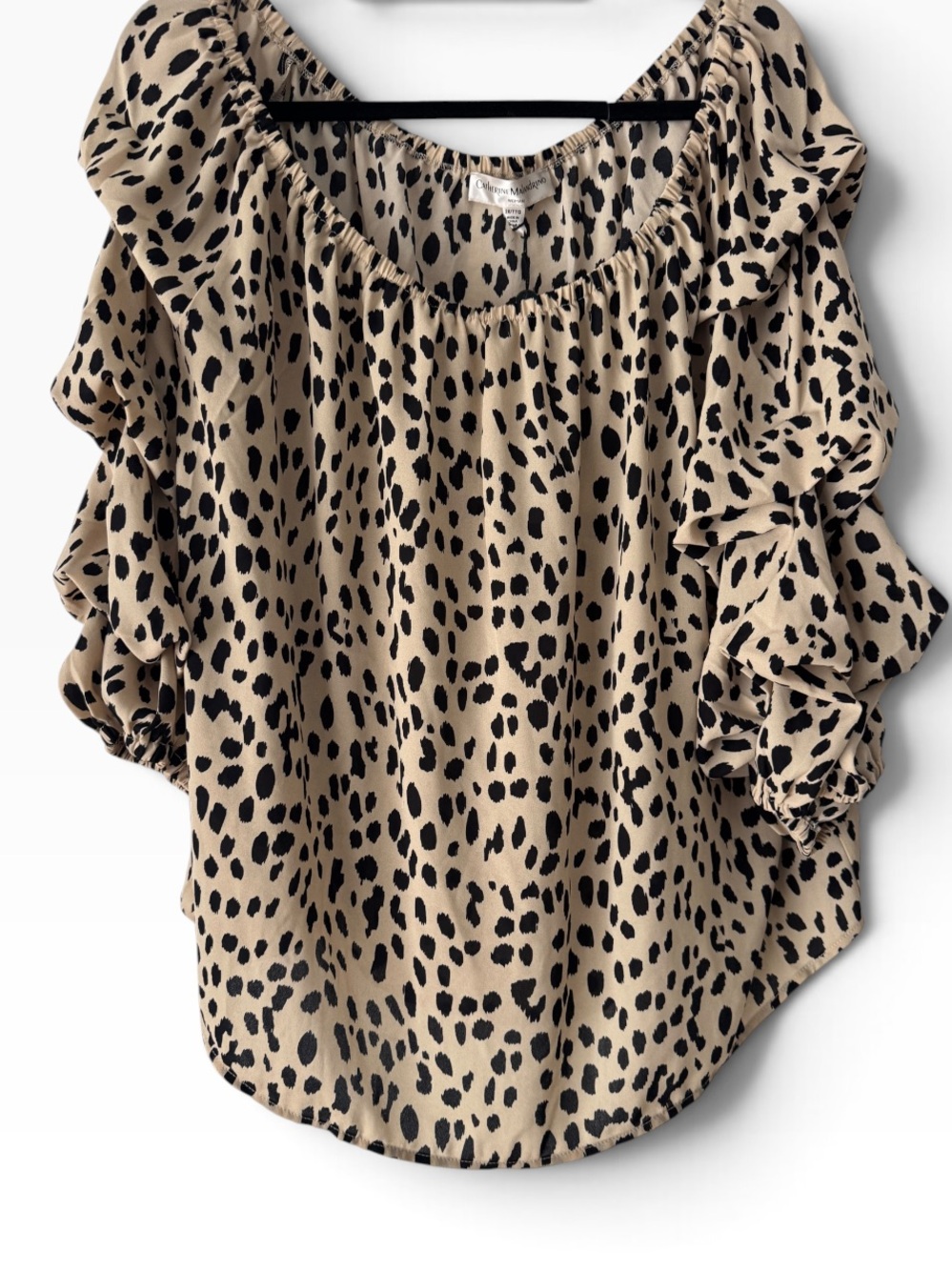 Catherine Malandrino Leopard Print Off Shoulder Ruffle Blouse Tan Black Size 2X